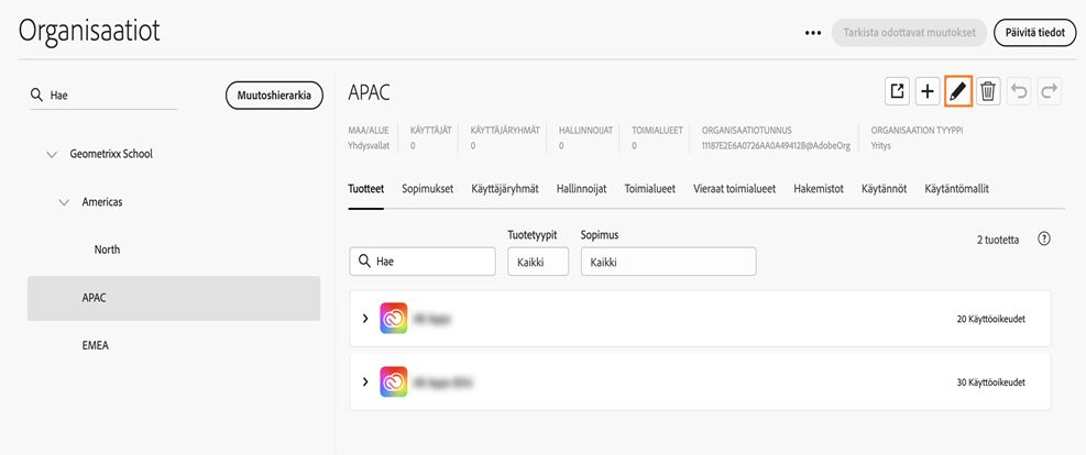 Organisaatiot-välilehti Global Admin Console -palvelussa, jossa lisää-kuvake on korostettuna