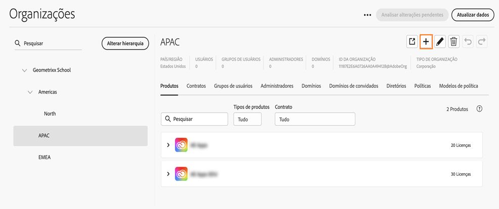 Guia Organizações no Global Admin Console com o ícone de adicionar destacado