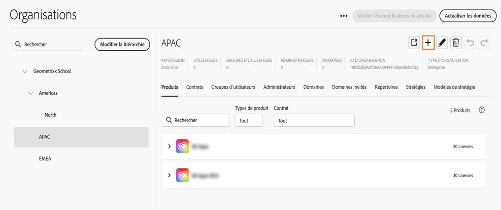 Onglet Organisations sur Global Admin Console avec l'icône d’ajout mise en surbrillance