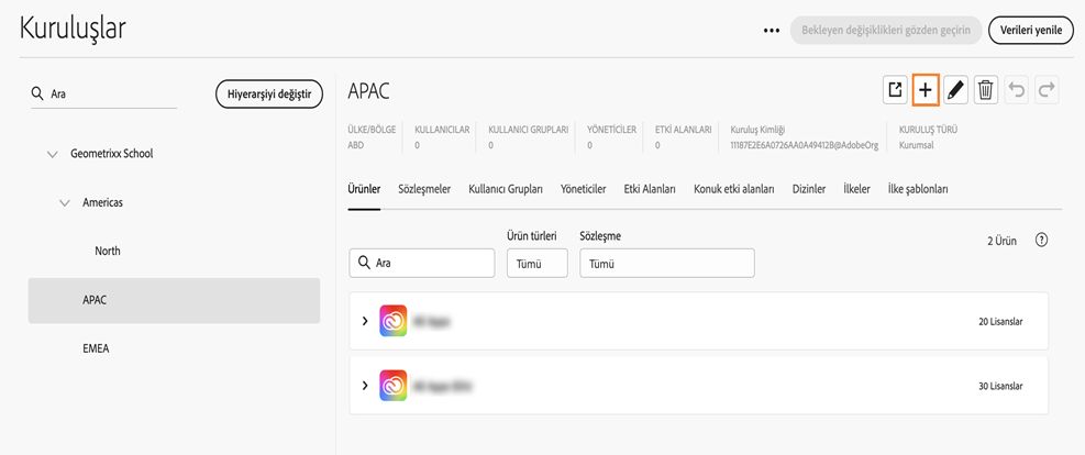 Global Admin Console'daki Kuruluşlar sekmesi, ekleme simgesi vurgulanmış