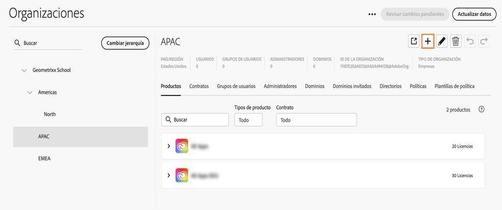 Pestaña Organizaciones en Global Admin Console con el icono de agregar resaltado