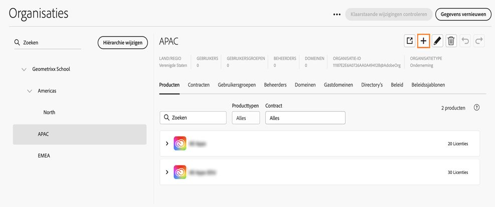 Tabblad Organisaties in Global Admin Console met het pictogram Toevoegen gemarkeerd