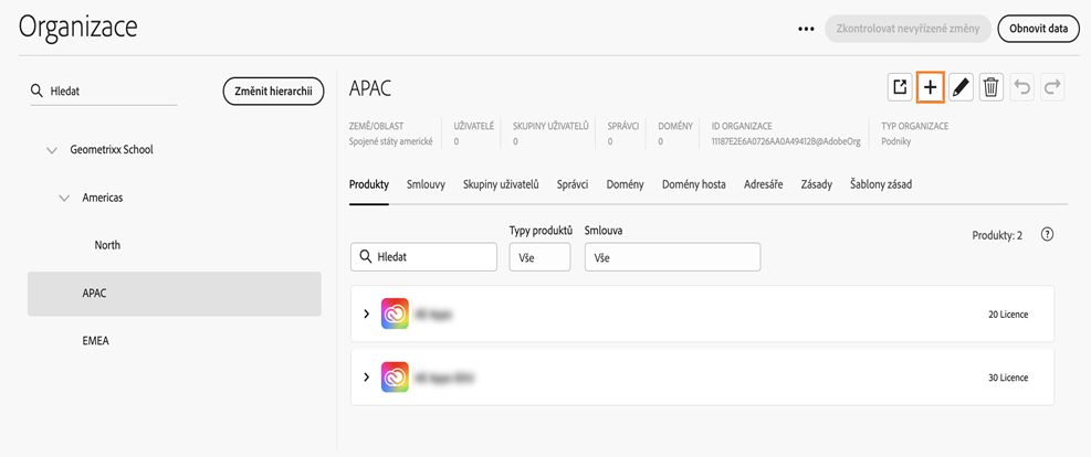 Karta Organizace v Global Admin Console se zvýrazněnou ikonou přidání