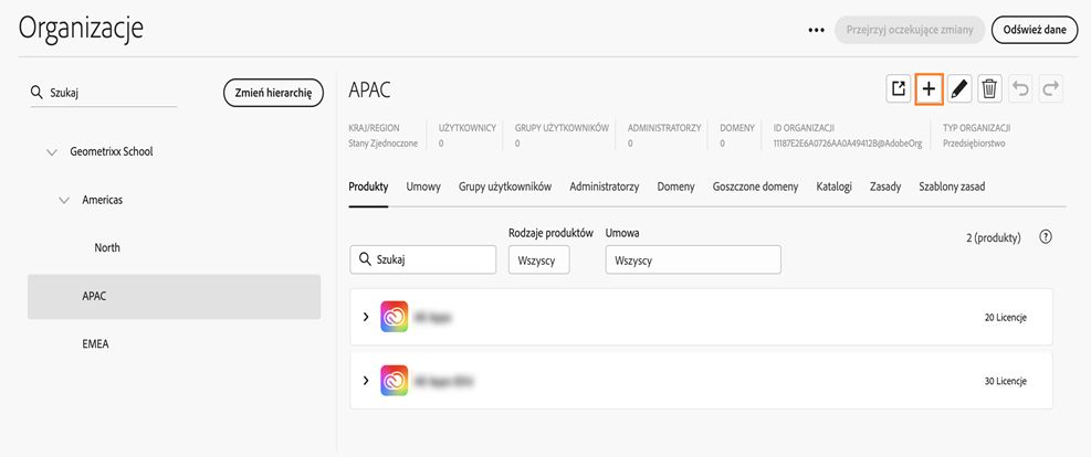 Karta Organizacje w Global Admin Console z wyróżnioną ikoną dodawania