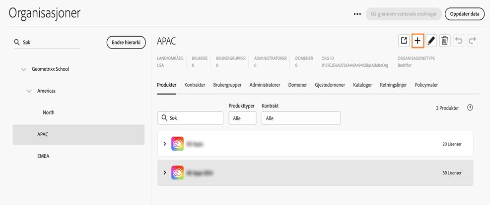 Fanen Organisasjoner på Global Admin Console med ikonet Legg til uthevet