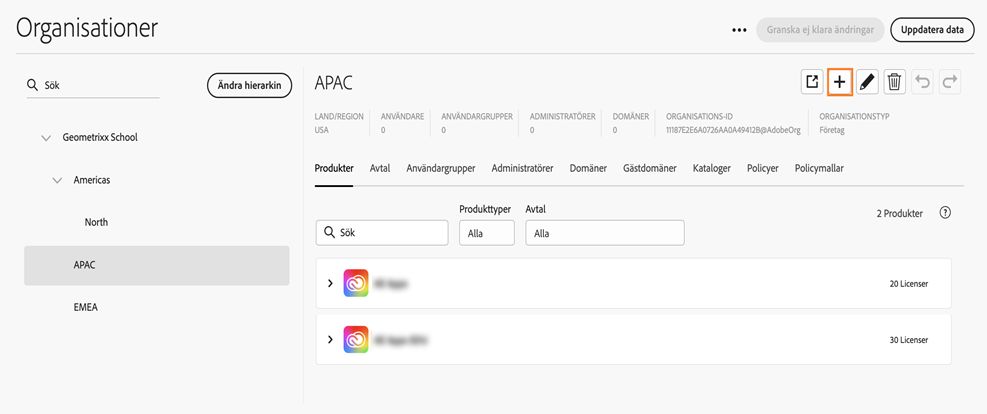 Fliken Organisationer i Global Admin Console med ikonen för att lägga till markerad