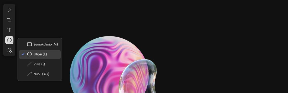 Piirtoalueella on kuvia, ja muoto on lisätty. Ominaisuudet-paneeli on auki, ja sen asetuksilla voi muokata sen ominaisuuksia.