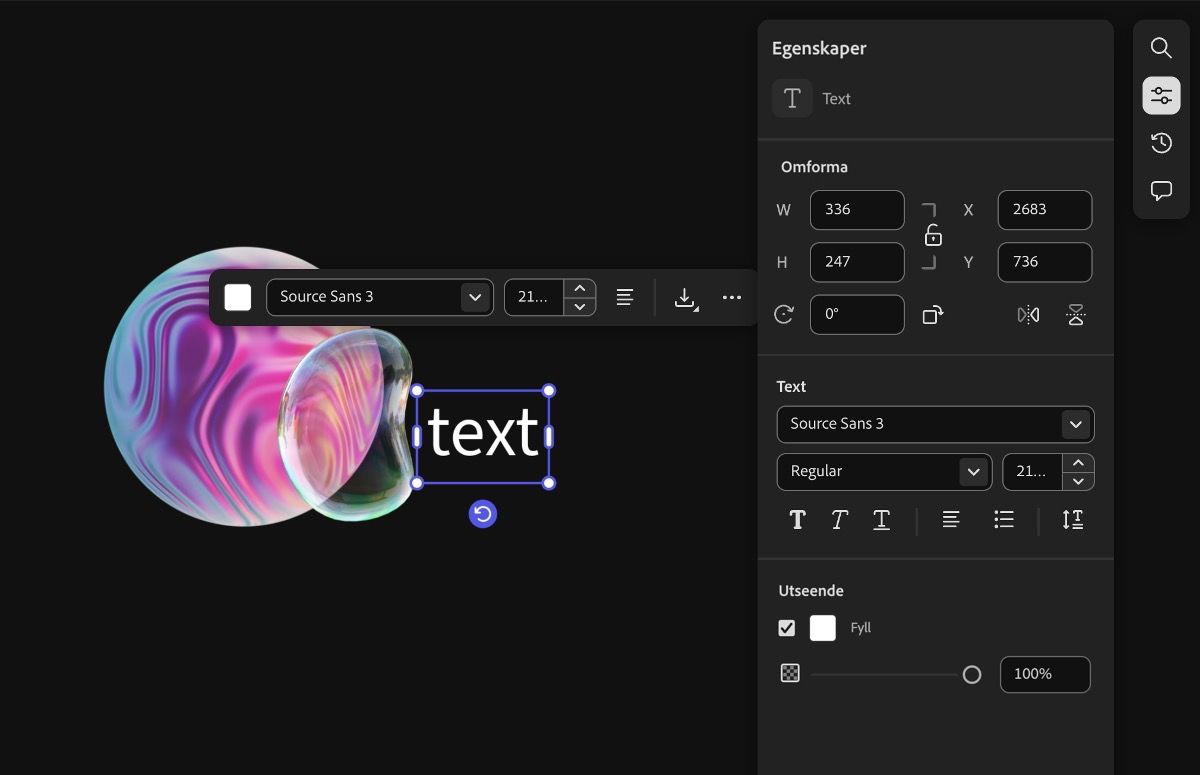 Det finns bilder på arbetsytan och en textruta har lagts till. Panelen Egenskaper är öppen med alternativ för att redigera dess egenskaper.