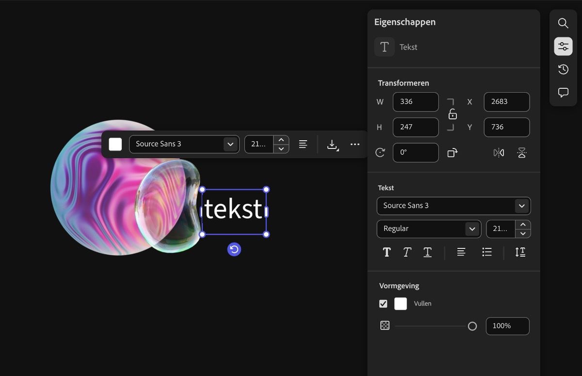 Er staan afbeeldingen op het canvas en er is een tekstvak toegevoegd. Het deelvenster Eigenschappen is geopend en biedt opties voor het bewerken van de eigenschappen.