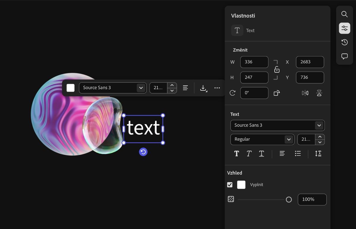 Na plátně jsou obrázky a bylo přidáno textové pole. Otevře se panel Vlastnosti nabízející možnosti pro úpravy jeho vlastností.