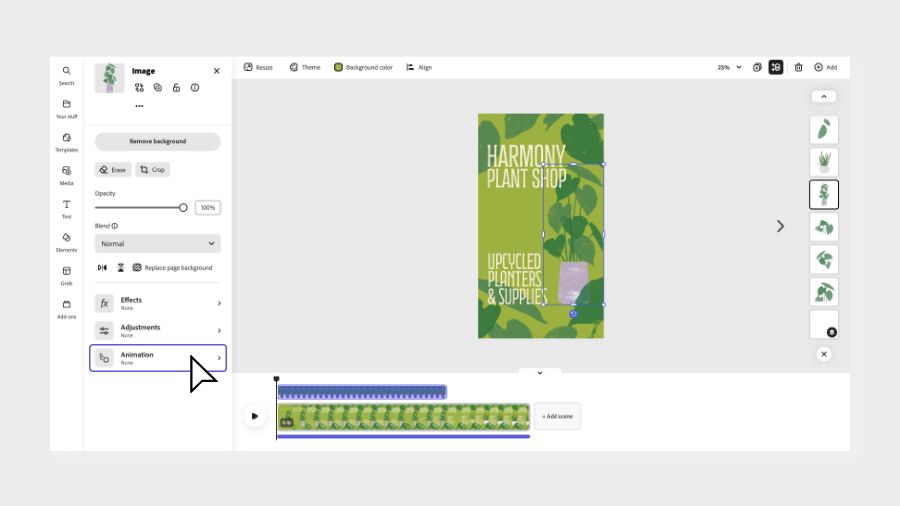 Animation bar selected in the object properties panel in Adobe Express