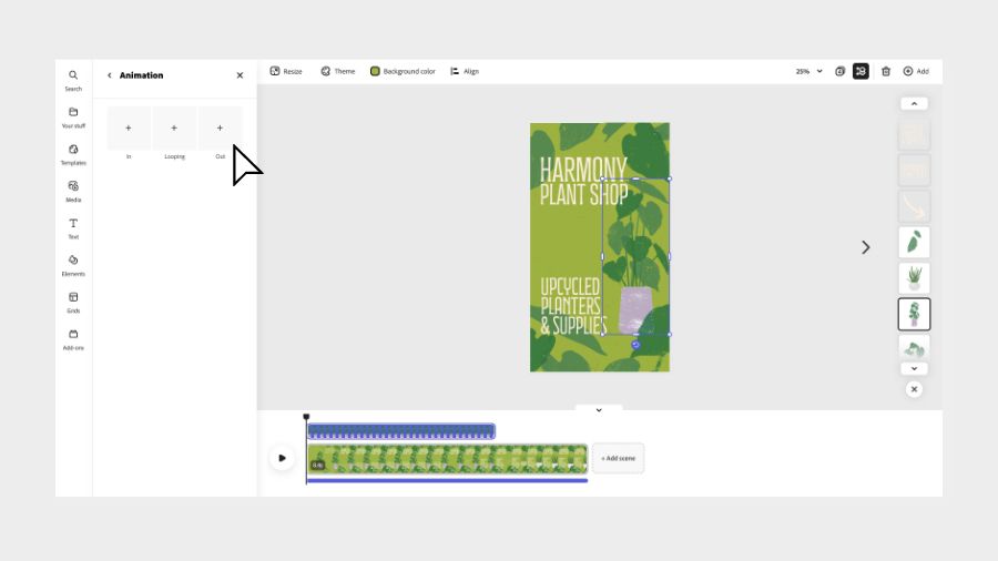 The three animation options within the Animation bar being shown in Adobe Express