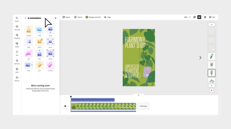 In option selected with animation panel showing in Adobe Express