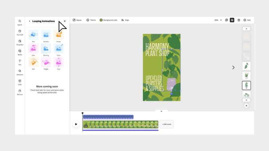 Looping option with animation panel showing in the Adobe Express Editor