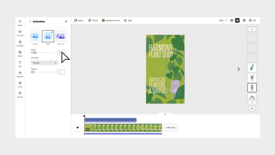 Animation type selected with emphasis options present in the properties panel in Adobe Express