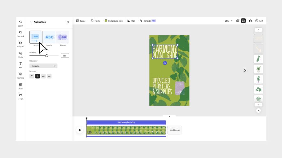Text selected on canvas in Editor with Animation bar present in properties panel in Adobe Express