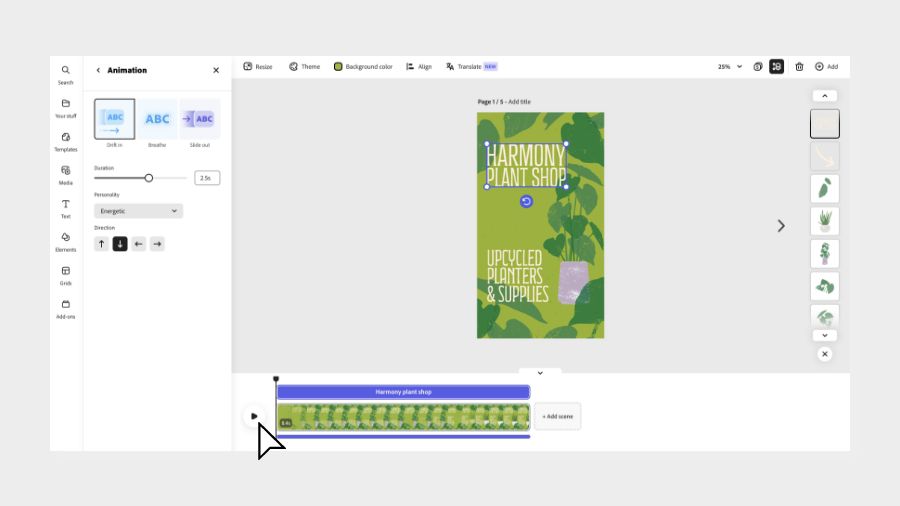 Play button is being selected on the canvas in the Adobe Express Editor