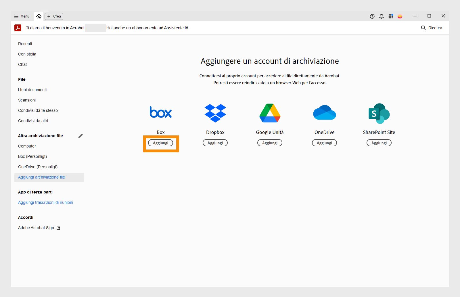 Aggiungere un account Box