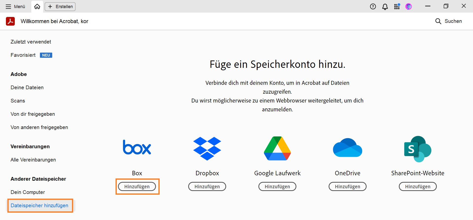 Box-Konto hinzufügen