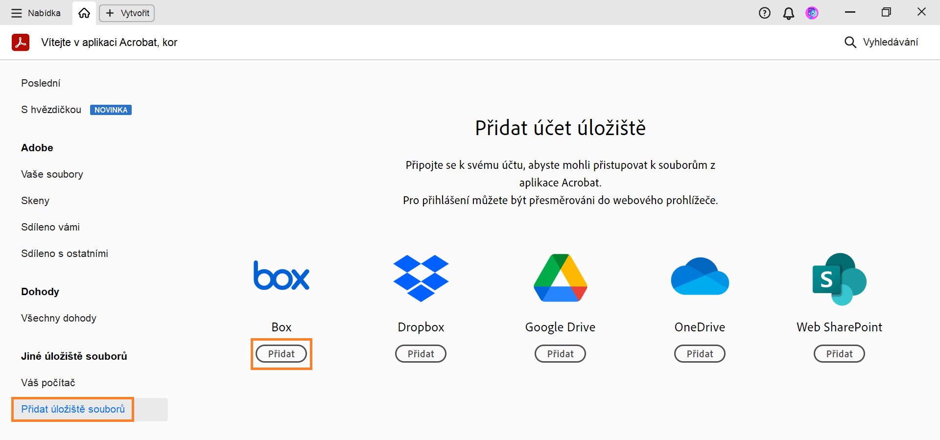 Přidání účtu služby Box