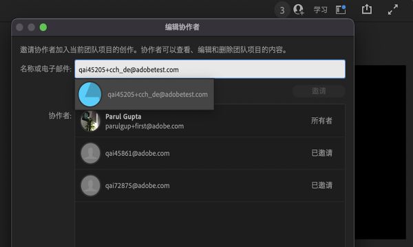使用 + 号可邀请协作者加入现有团队项目。 