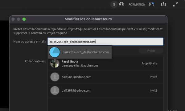 Utilisez le signe + pour inviter des collaborateurs et collaboratrices à rejoindre un projet Team Projects. 