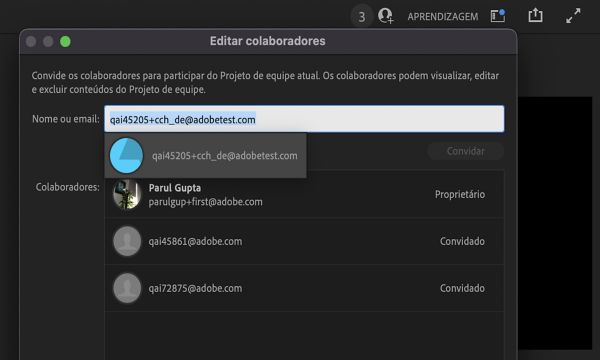 Use o sinal de + para convidar colaboradores para projetos de equipe já existentes. 