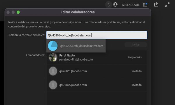 Utilice el signo + para invitar a colaboradores a proyectos de equipo existentes. 