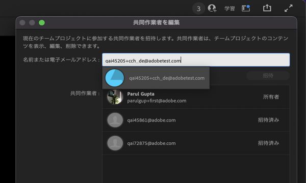 「+」記号を使用して、共同作業者を既存のチームプロジェクトに招待します。 