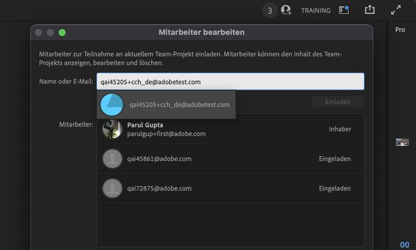 Verwenden Sie das Pluszeichen (+), um Mitarbeitende zu bestehenden Team-Projekten einzuladen. 