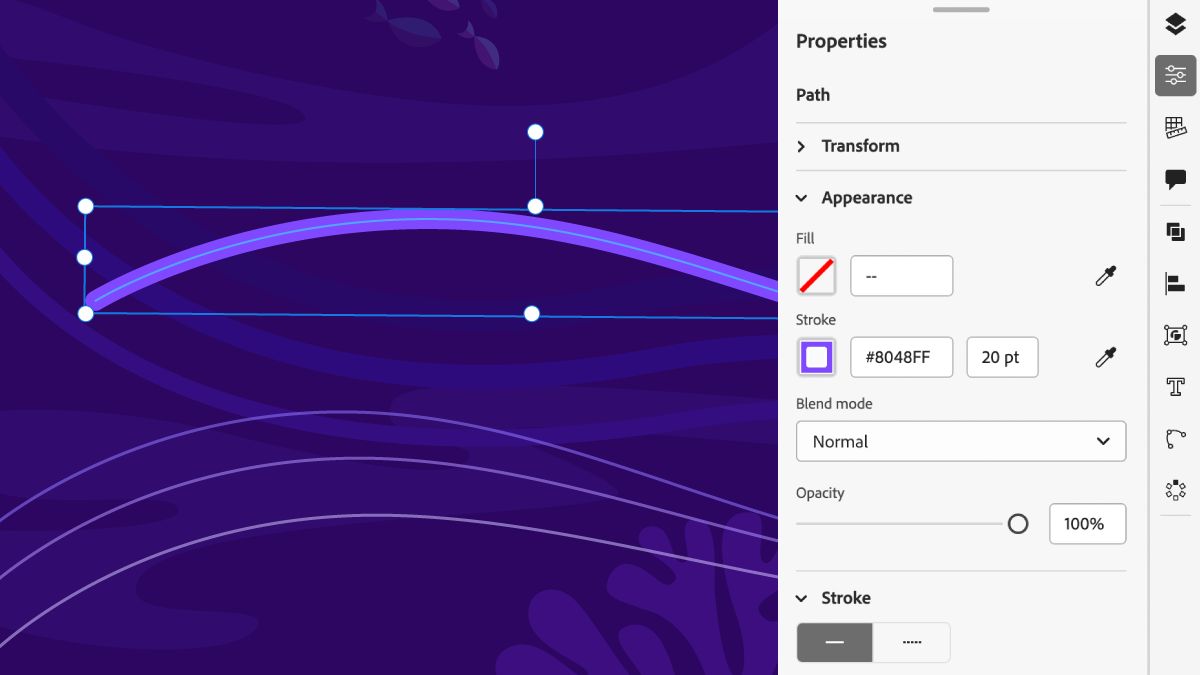 열린 속성 패널에서 선택된 오브젝트의 획입니다. 획과 관련된 옵션이 표시되어 있습니다.