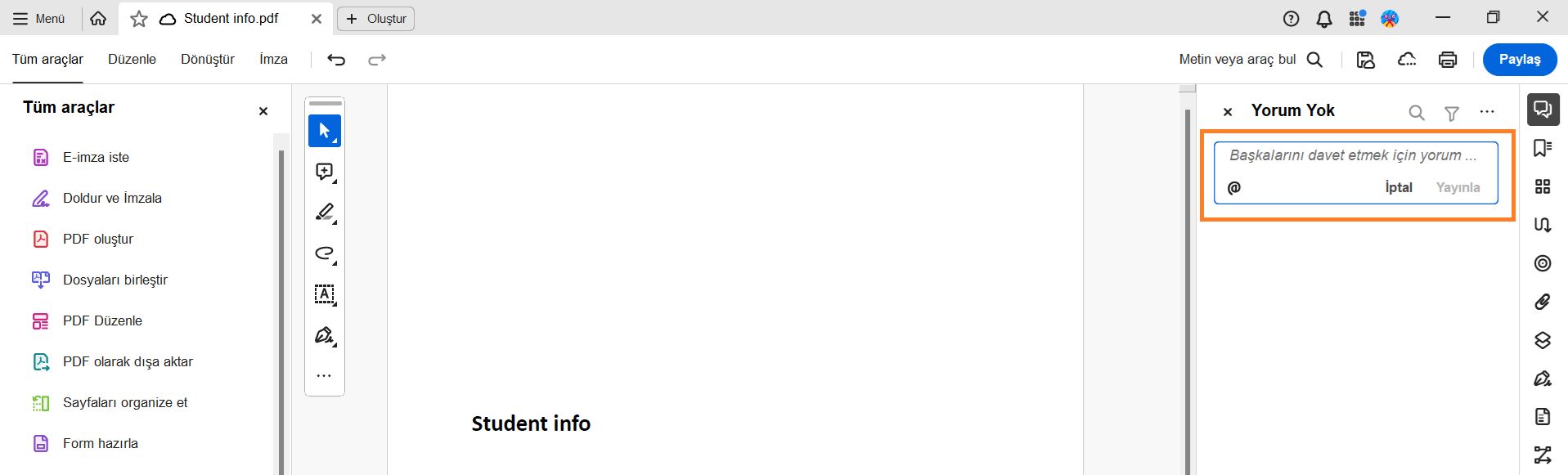 Yorum ekle iletişim kutusu PDF'de gösterilir