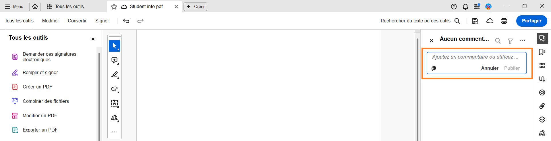 La boîte de dialogue Ajouter un commentaire s’affiche dans un PDF