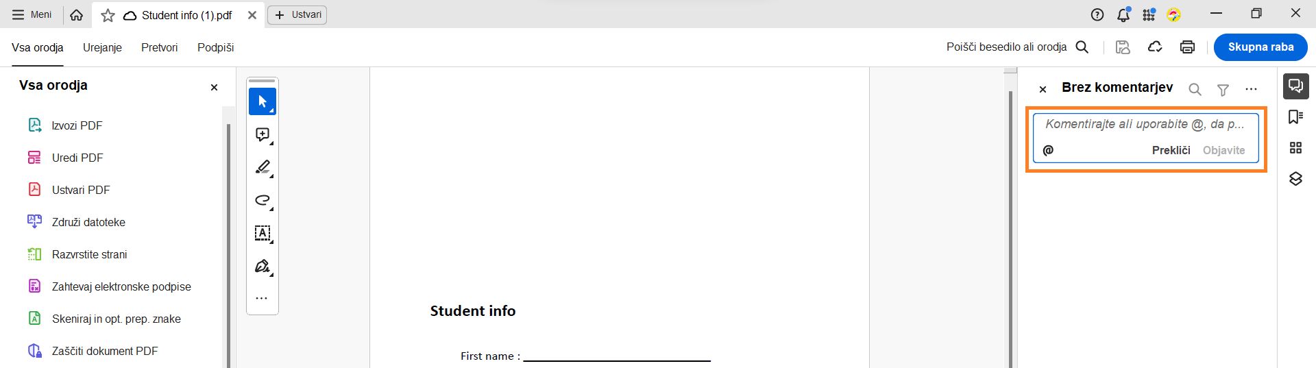 Pogovorno okno za dodajanje komentarja je prikazano v PDF-ju