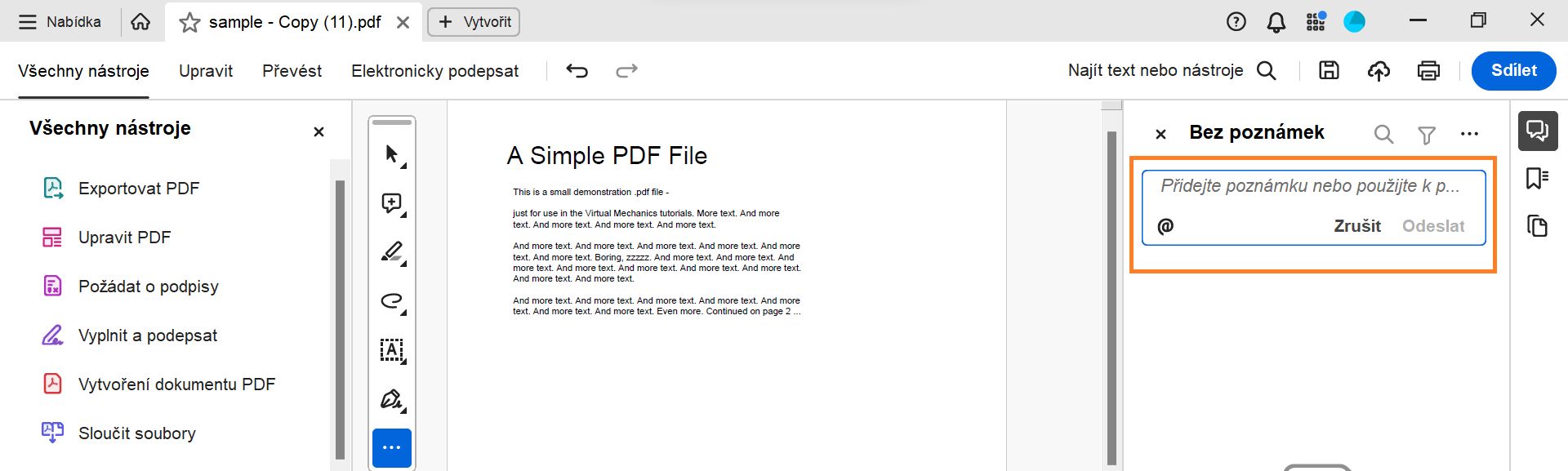 V souboru PDF se zobrazí dialogové okno Přidat komentář