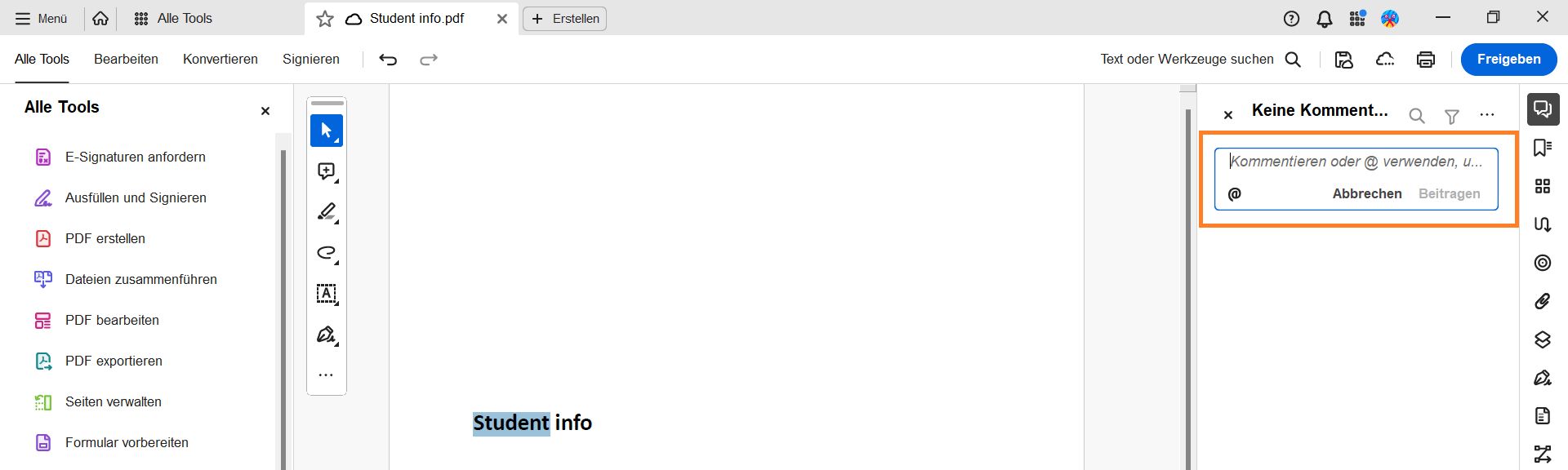 Das Dialogfeld „Kommentar hinzufügen“ wird in einer PDF-Datei angezeigt