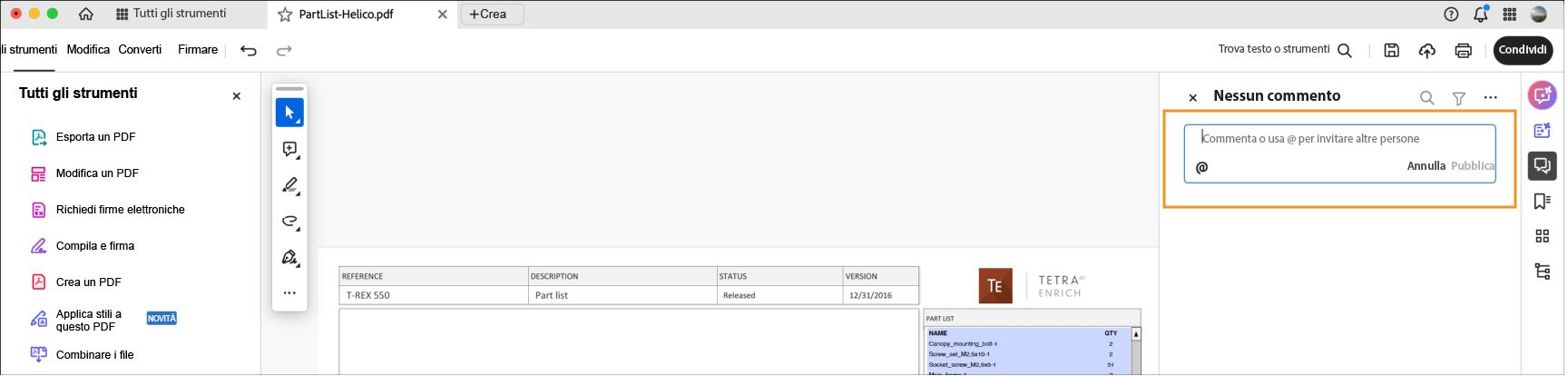 La finestra di dialogo per l’aggiunta di commenti viene visualizzata in un PDF