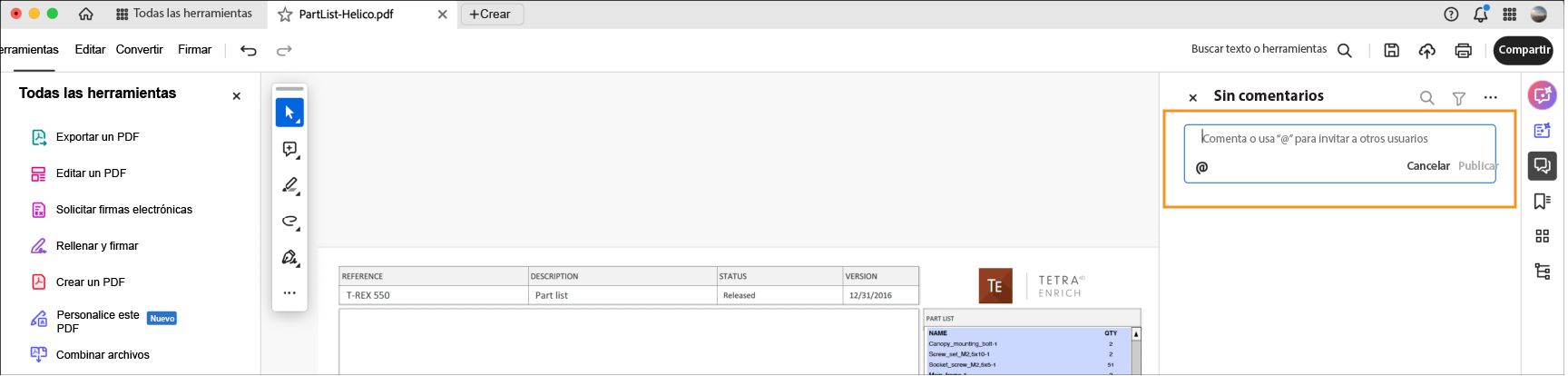 El cuadro de diálogo Añadir comentario se muestra en un PDF