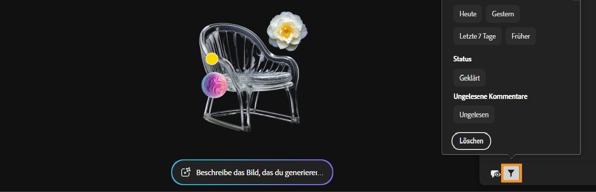 Das Bedienfeld „Kommentare“ ist mit ausgewählter Filteroption geöffnet. Im Menü „Filter“ wird eine Liste von Parametern zum Filtern der Kommentare angezeigt, z. B. der Status und die Uhrzeit, zu der Kommentare hinzugefügt wurden.