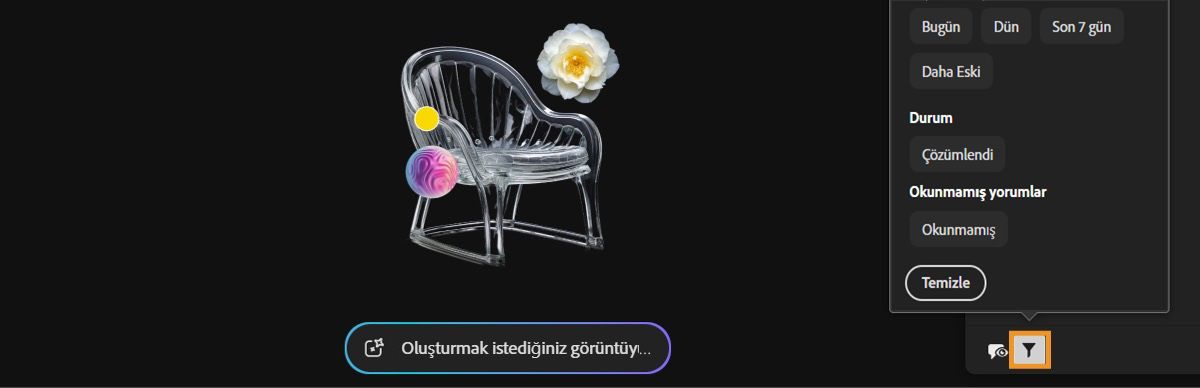 Yorumlar paneli, Filtre seçeneği seçili olarak açıktır. Filtre menüsü, yorumları filtrelemek için Durum ve zaman yorumları gibi parametrelerin bir listesini görüntüler.
