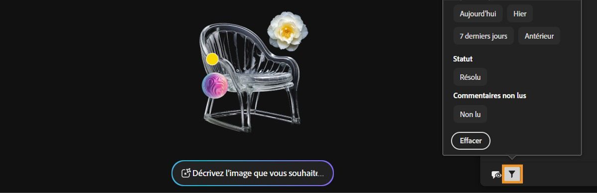 Le panneau Commentaires s’ouvre avec l’option Filtre sélectionnée. Le menu Filtre affiche une liste de paramètres, tels que l’état et l’heure d’ajout des commentaires, pour filtrer les commentaires.