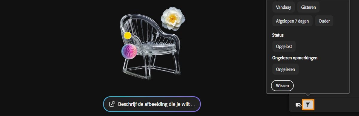 Het deelvenster Opmerkingen is geopend en de optie Filter is geselecteerd. In het menu Filter wordt een lijst met parameters weergegeven, zoals Status en het tijdstip waarop opmerkingen zijn toegevoegd, voor het filteren van de opmerkingen.