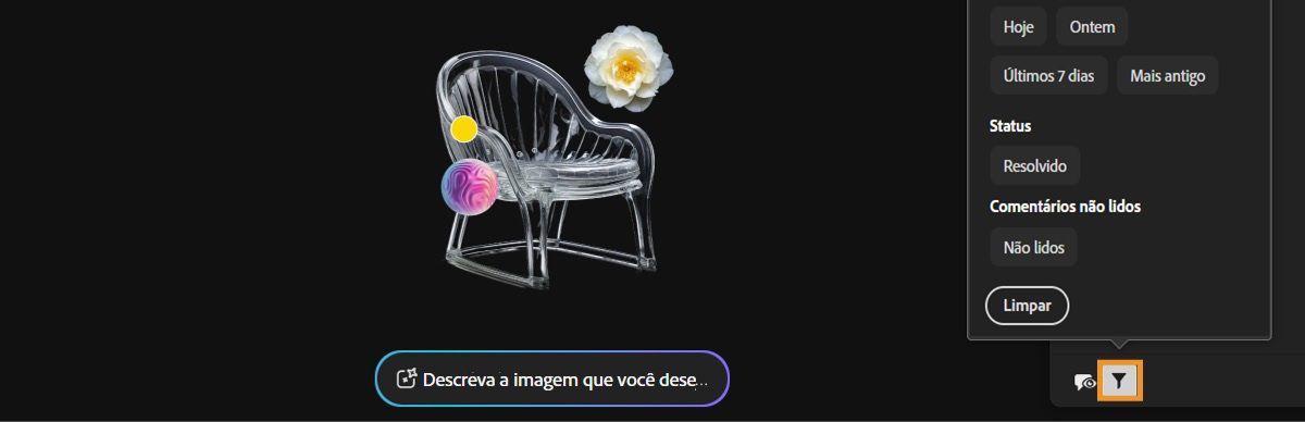 O painel Comentários é aberto com a opção Filtro selecionada. O menu Filtro exibe uma lista de parâmetros, como Status e a hora em que os comentários foram adicionados, para filtrá-los.