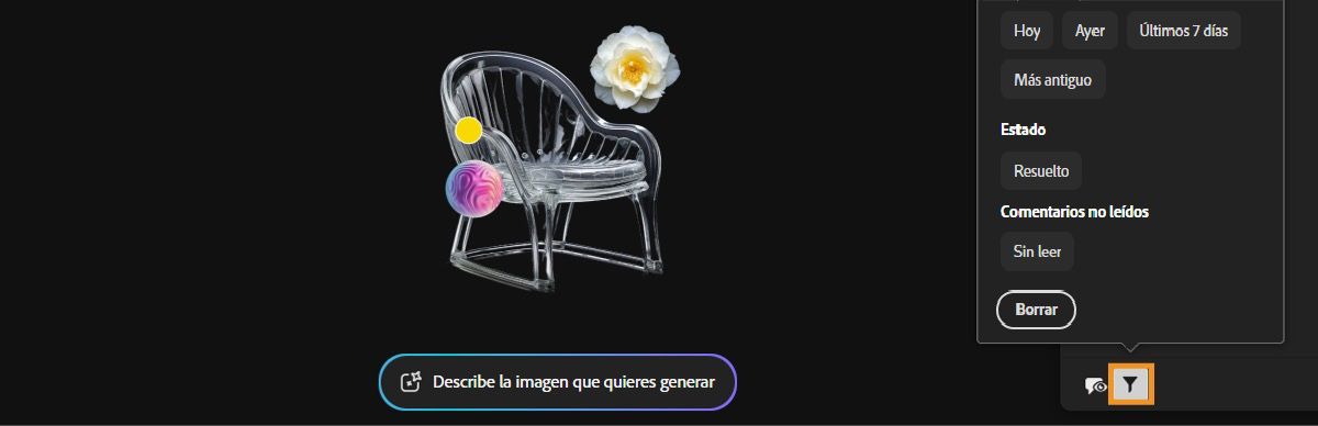 El panel Comentarios está abierto con la opción Filtro seleccionada. El menú Filtro muestra una lista de parámetros, como el estado y la hora en que se agregaron los comentarios, para filtrar los comentarios.