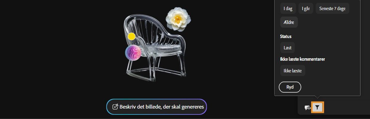 Panelet Kommentarer er åbent med indstillingen Filter valgt. Menuen Filter viser en liste over parametre, f.eks. Status og det tidspunkt, hvor kommentarerne blev tilføjet, til filtrering af kommentarerne.