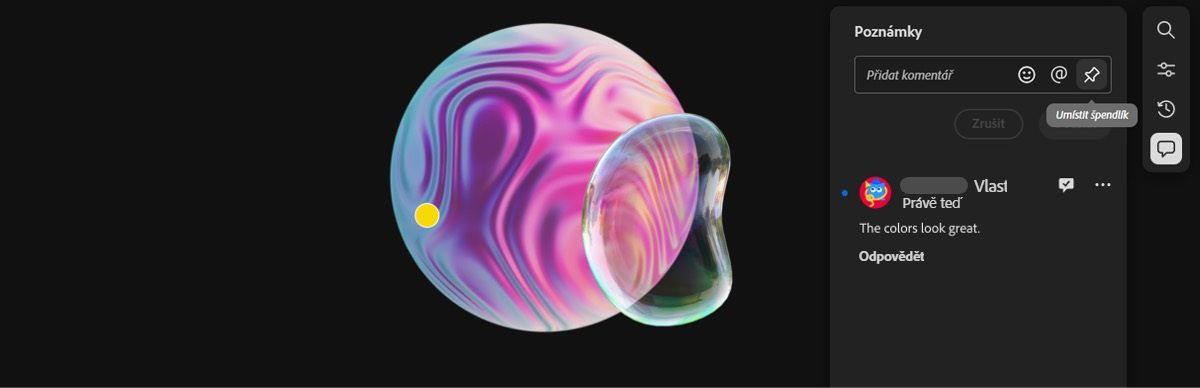 Panel Poznámka je otevřený a je zvolena možnost Umístit špendlík, aby bylo možné umístit na plátno špendlík a přidat poznámky.