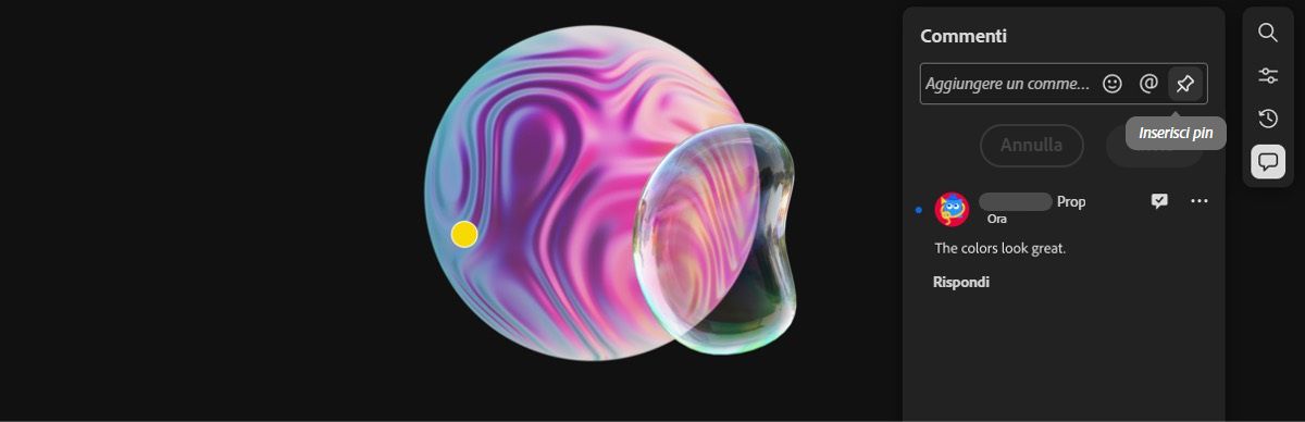 Il pannello Commento è aperto e è selezionata l’opzione Inserisci un pin per posizionare un pin sull’area di lavoro e aggiungere commenti.