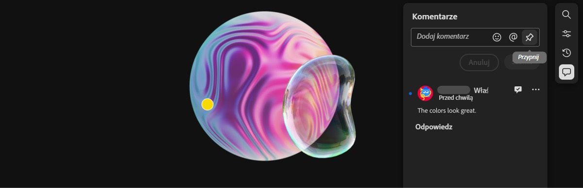 Panel komentarzy jest otwarty i wybrano opcję Przypnij, która pozwala umieścić pinezkę w obszarze roboczym i dodać komentarze.