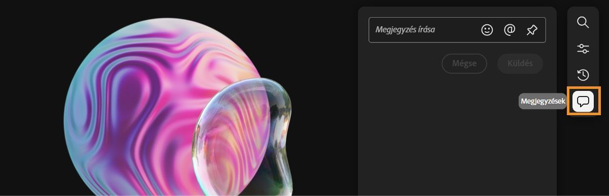 A Megjegyzés opció van kiválasztva, és megnyílik a megjegyzés panel, amelyen lehetőség van megjegyzéseket hozzáadni a közreműködők számára.