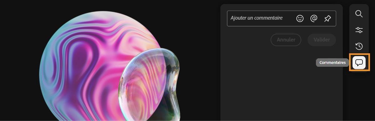 L’option Commentaire est sélectionnée et le panneau des commentaires est ouvert avec une option permettant d’ajouter des commentaires pour les collaborateurs.